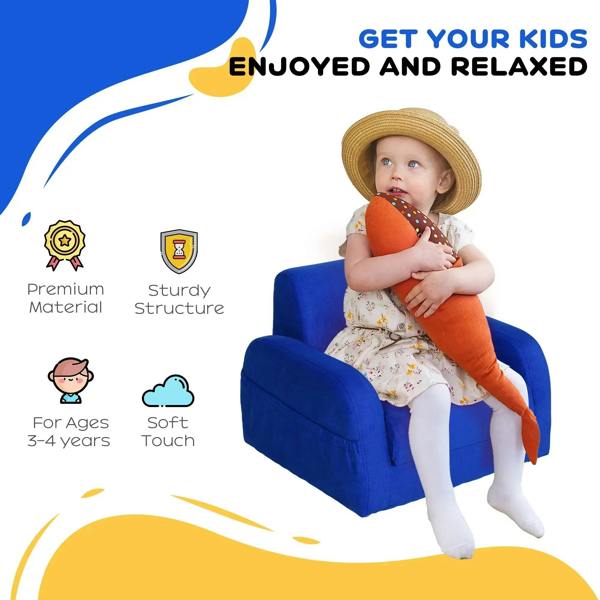 Blue kids sofa bed chair with rounded back and padded armrests with white trim