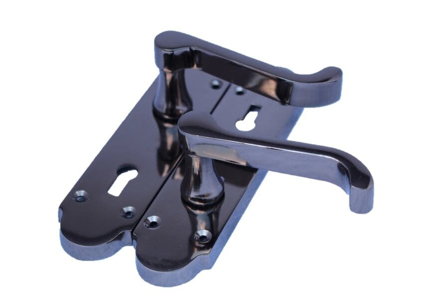 EDH Door Hardware Black Nickel Epsom Victorian Scroll on Shaped Back Plate Lock Door Handle 1 Pair