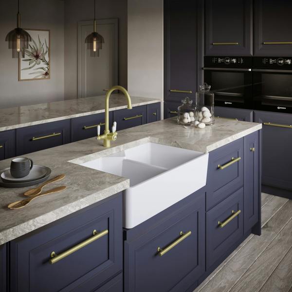 Flode Dellen | 2.0 Bowl Comite Belfast Style Sink | Strainer Waste Supplied | 800mm x 500mm | Gloss White Finish