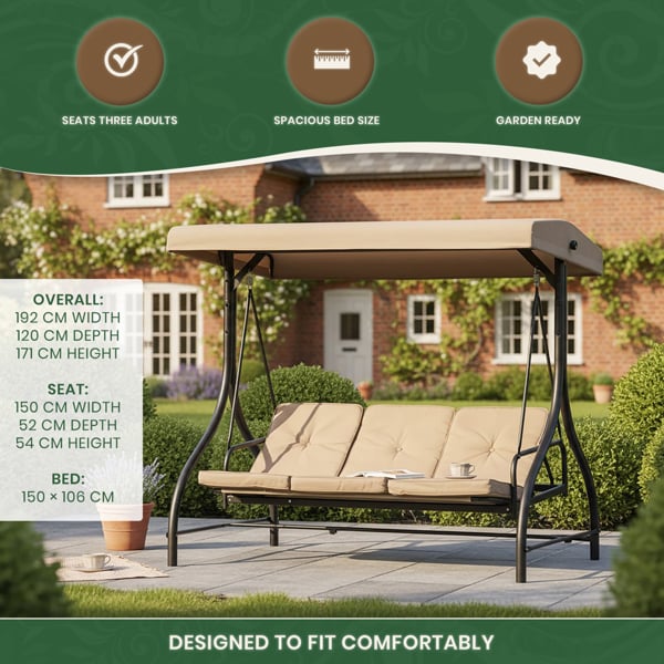 Heavy Duty Garden 3 Seater Swing Seat and Hammock Bed with Canopy, Steel Frame and Textaline Base, Thick Shower Proof Cushions