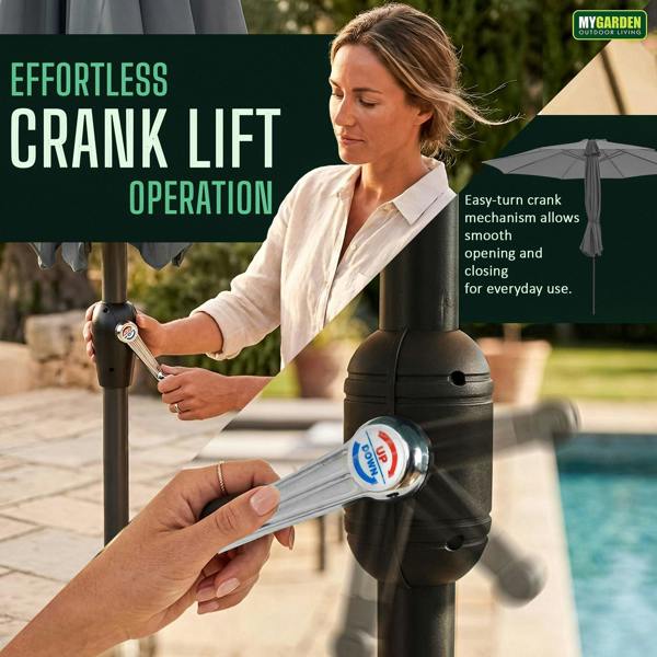 My Garden Outdoor Living Parasol Umbrella 2m Dia - Push Button Tilting Patio Umbrella with Crank Lift - Polyester Canopy, Outdoor Sun Shade