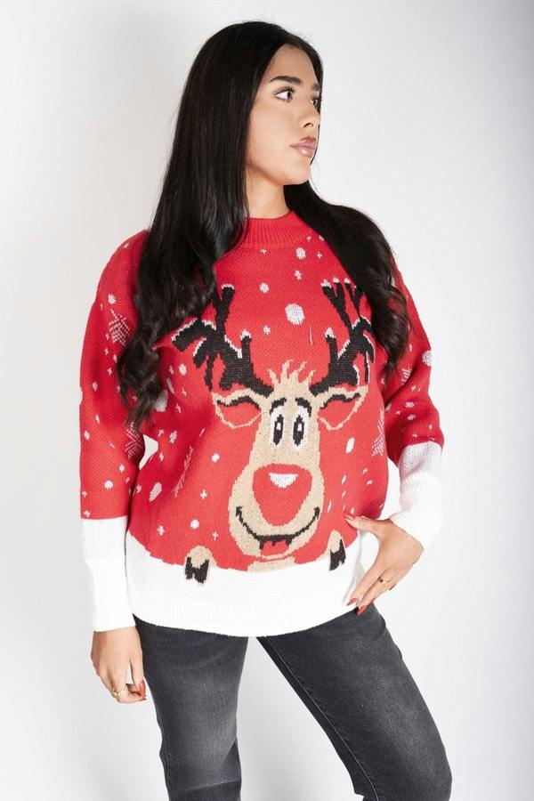 Ravella Reindeer Christmas Knitted Jumper - Red