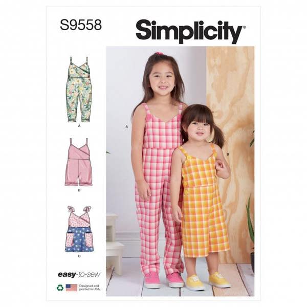 Simplicity Sewing Pattern 9558, Jumpsuits, Pinafores, Dresses for Baby, Kids, AA (1/2-1-2-3) - Easy