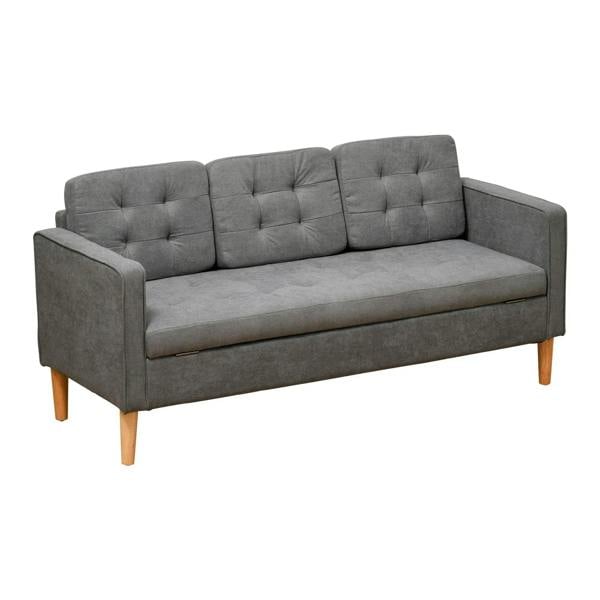 Grey fabric 3-seater sofa with tufted back, armrests, and wooden legs
