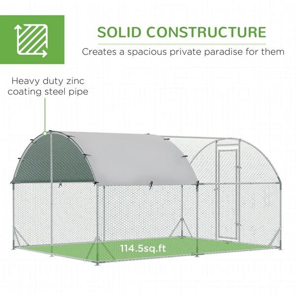 Galvanised chicken run coop with mesh enclosure, green fabric canopy, and end door