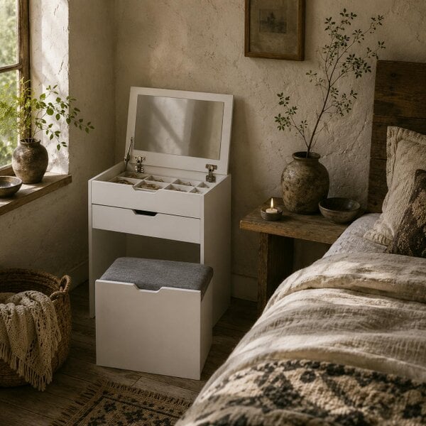 Wyld Haus Nohadi White Dressing Table With Flip Up Mirror Hidden Storage Compartments And Drawer Unit