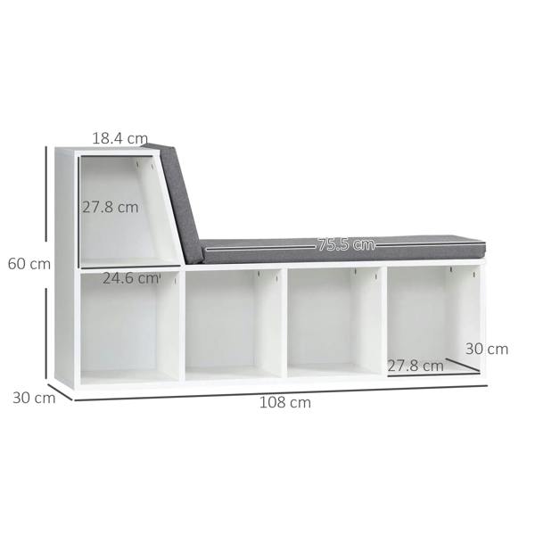 Measured view of white bookcase storage shelf with gray cushioned reading seat