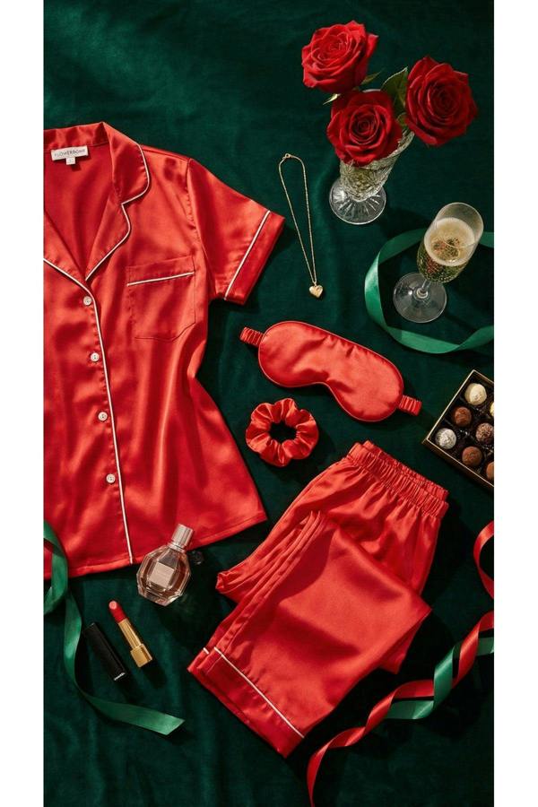 Saryna Satin Button Up Pyjama Set With Matching Eye Mask & Scrunchie - Black