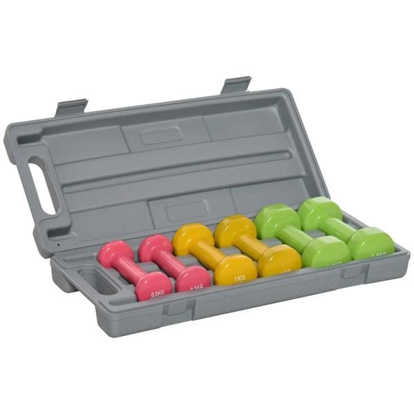 Multicolored dumbbell set with gray storage case, multiple hex dumbbells included