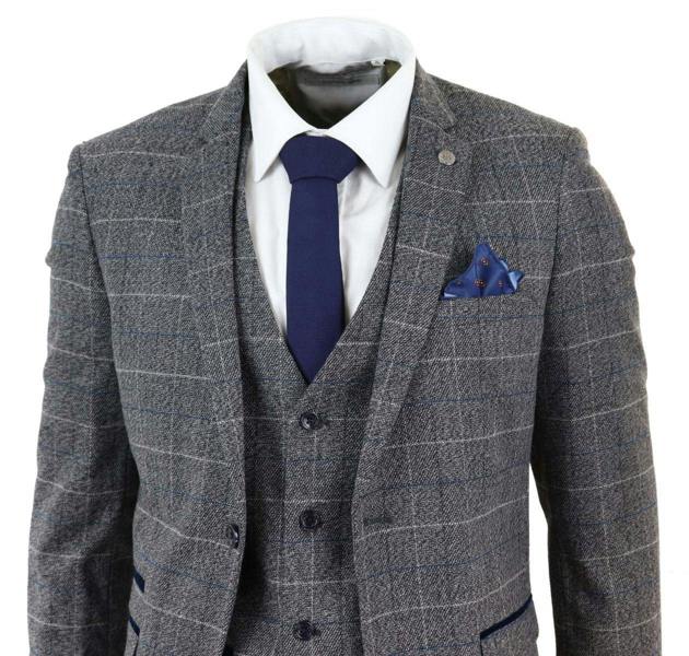 Marc Darcy Mens 3 Piece Grey With Blue Check Vintage Classic Suit