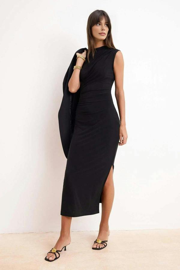 WOVCOR High Neck Sleeveless Midi Dress