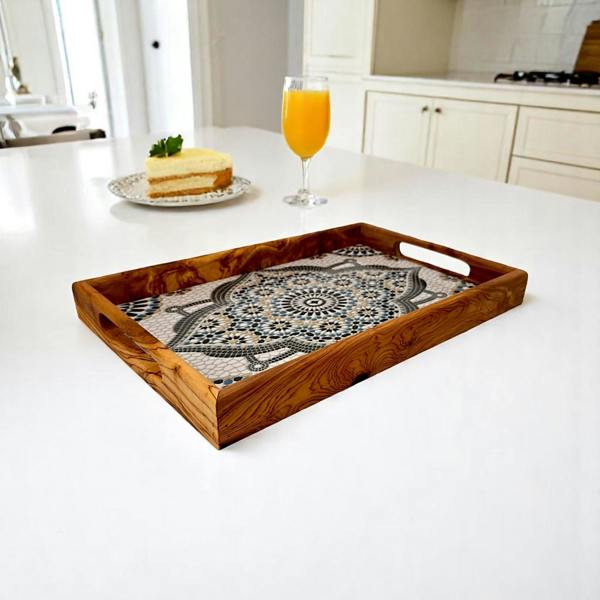 Olive Wood & Ceramic Serving Tray with Handles