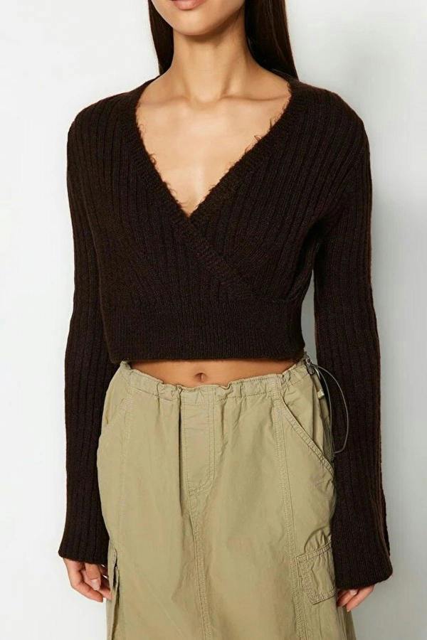 WOVCOR Crop Soft Textured Double Breasted Knit Sweater