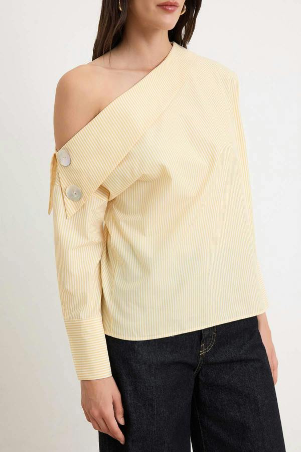 WOVCOR Asymmetric Neck Long Sleeve Woven Blouse