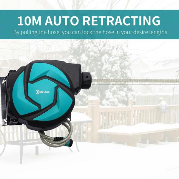 Retractable garden hose reel in blue with coiled hose on wall mount