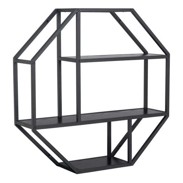 Wyld Haus El Paso Black Metal Octagonal Wall Shelf 4 Black Wooden Shelves