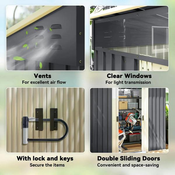 Metal shed feature view: vents, lock and keys, and double sliding doors