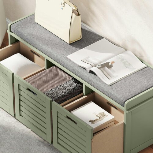 Wyld Haus Dilena Wooden Green 3 Drawer Shoe Storage Bench with Grey Padded Seat