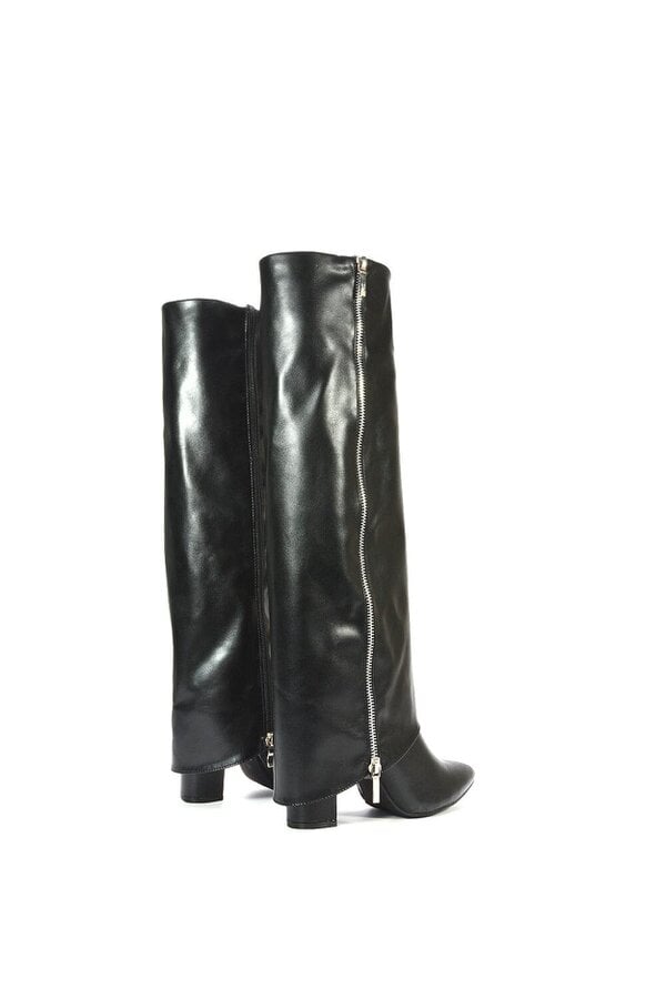 XY LONDON Knee High Boots Fold Over Point Toe Deco Zip