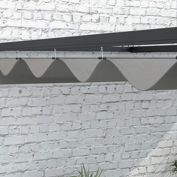 Dark grey retractable pergola canopy fabric panels with hanging support clips.