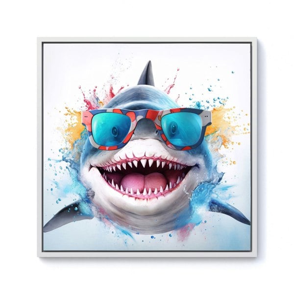 Warren Reed Splash Art Shark In Glasses Framed Canvas