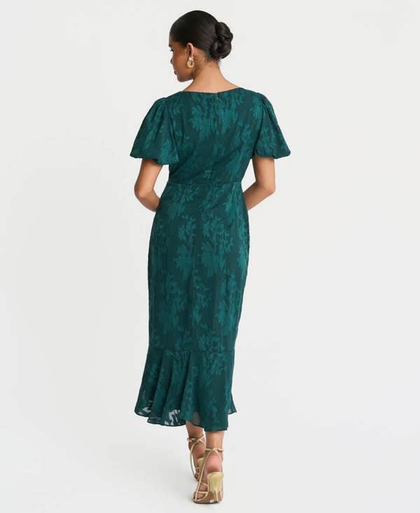 Needs No Label Forest Green Jacquard Puff Sleeve Midi Dress