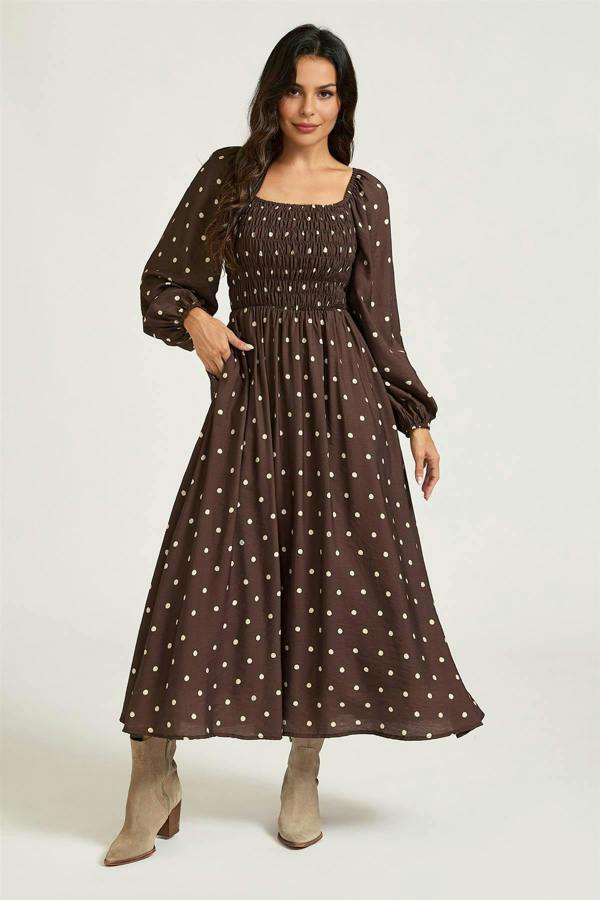 FS Collection Brown Dot Print Square Neck Midi Dress