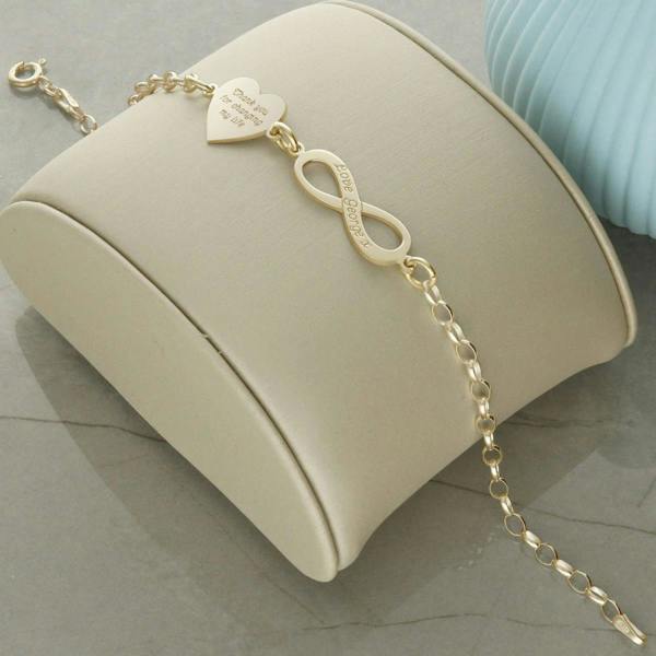 Christopher James of London 9ct Yellow Gold Custom Engraved Heart and Infinity Bracelet