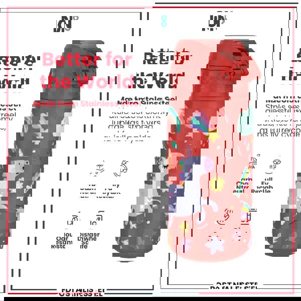 ION8 Leak Proof Kids Water Bottle, Stainless Steel, Red Unicorns, 400ml (13oz)