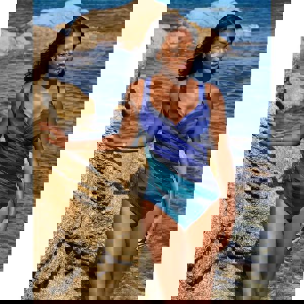 Blue and green striped Miraclesuit Maldiva wrap swimsuit with halter neck