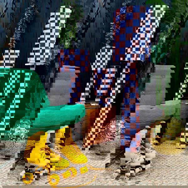 Handmade Checkerboard Velvet lamps in Peach Fuzz. Blue and Peach checkerboard lamps. 3 Sizes available