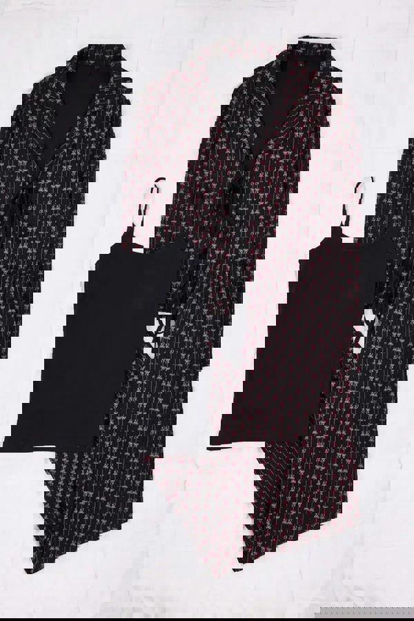 WOVCOR 3-Piece Cotton Tie-Up Ribbon Patterned Knitted Pajama Set