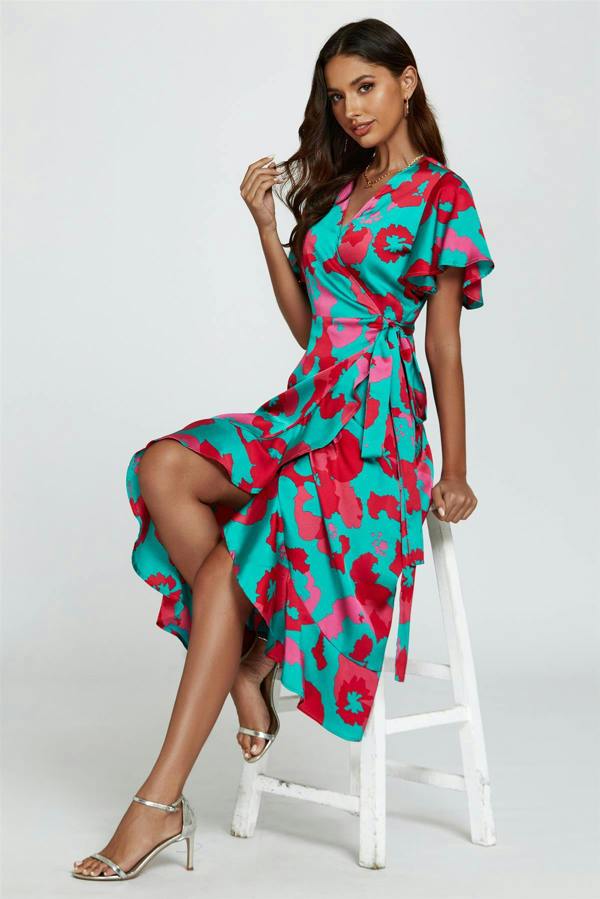 FS Collection Leopard Print Angel Sleeve Wrap Midi Blue Pink