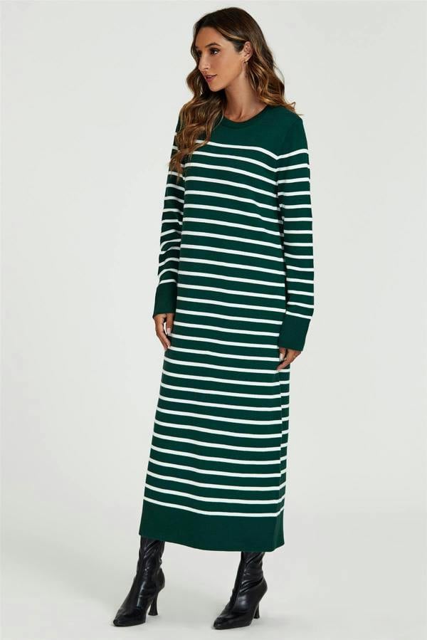 FS Collection Stripe Pattern Knitted Tunic Jumper Dress In Dark Green