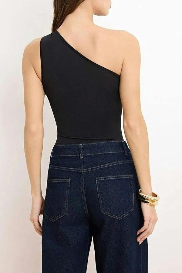 WOVCOR Asymmetrical Neckline Knitted Bodysuit with Accessory Detail