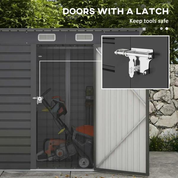 Grey shed door with latch mechanism and covered handle for secure closure