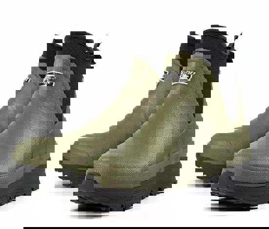 GriSport Mudmate Mens Pull On Rubber Chelsea Ankle Wellie Boots, green waterproof rubber boots with black elastic side panels and rugged black soles for outdoor use.