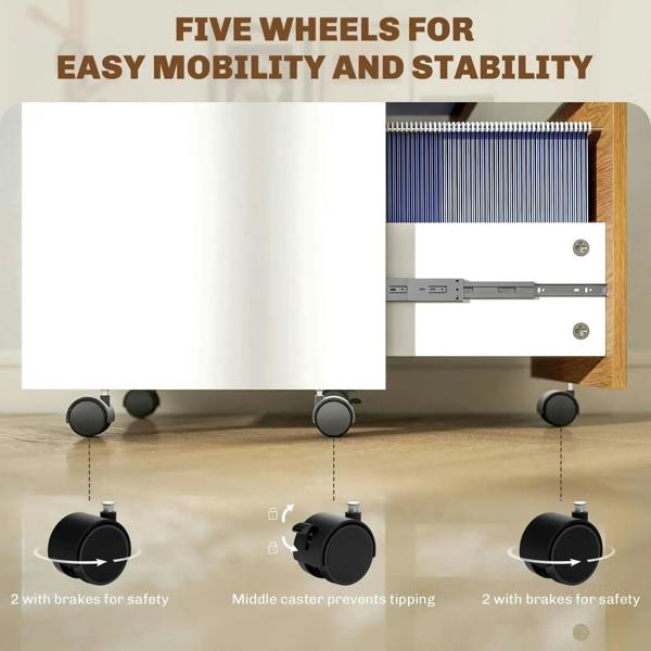 Two-drawer lockable filing cabinet with caster wheels and wood-effect drawer fronts