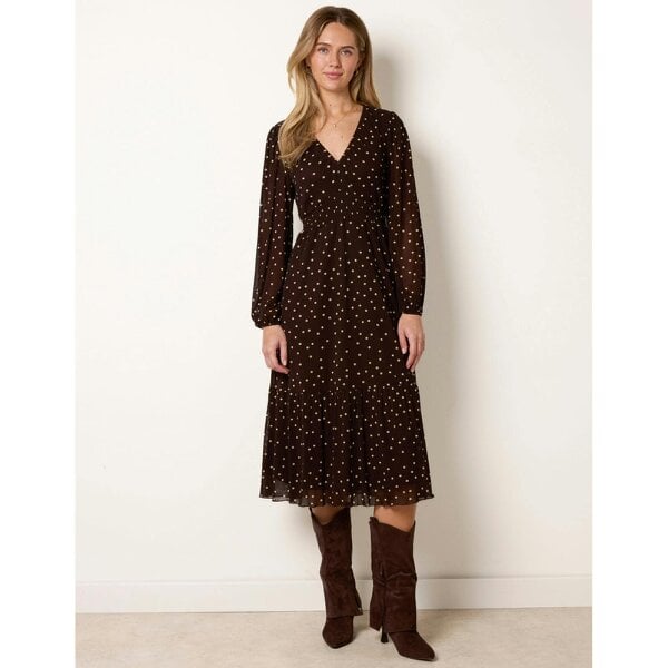 Blue Vanilla Long Sleeve Polka Dot Mesh Midi Dress