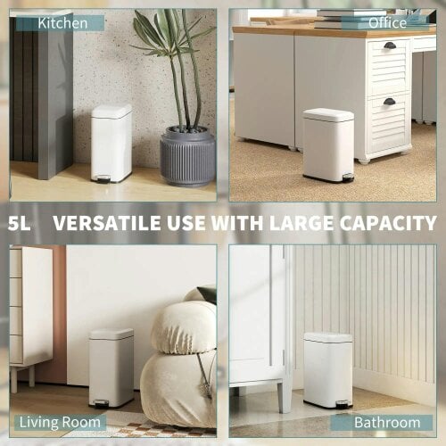 Bobobiy 5L Rectangular Compact Bin Steel Body Removable Bucket Quiet-Close Lid with Pedal Lid Rubbish Trash Can Office Bedroom Bathroom Living White