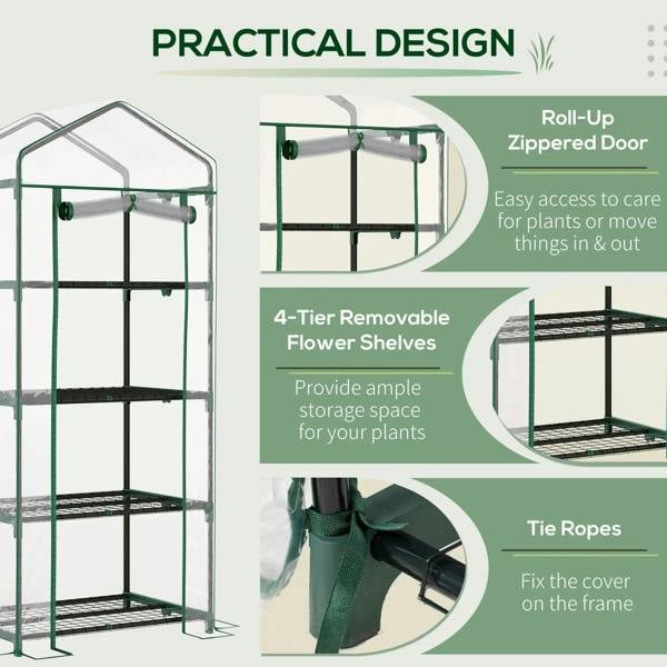 Green mini greenhouse with roll-up zippered door and four removable shelves