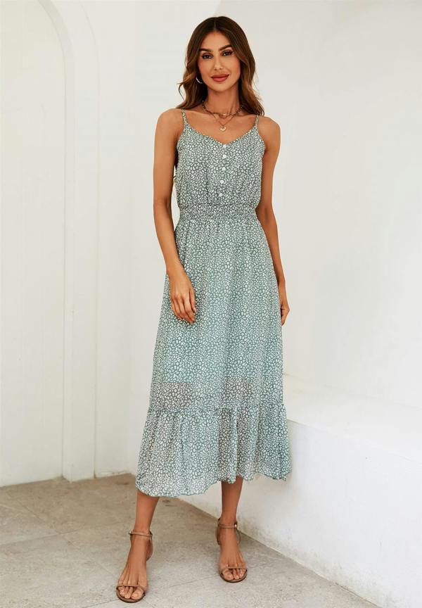 FS Collection Leopard Print Button Detail Strappy Maxi Dress In Green