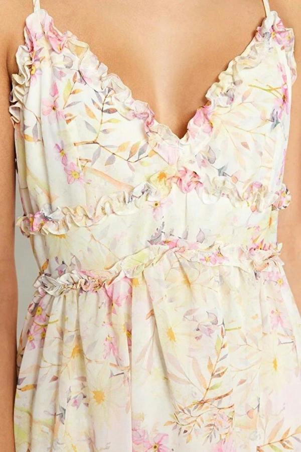 WOVCOR Floral Patterned A-Line Lined Maxi Woven Dress with Ruffle Detail