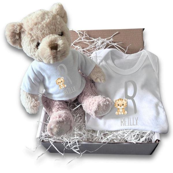 Personalised Little Tiger Name Baby Gift Box - Teddy & Vest