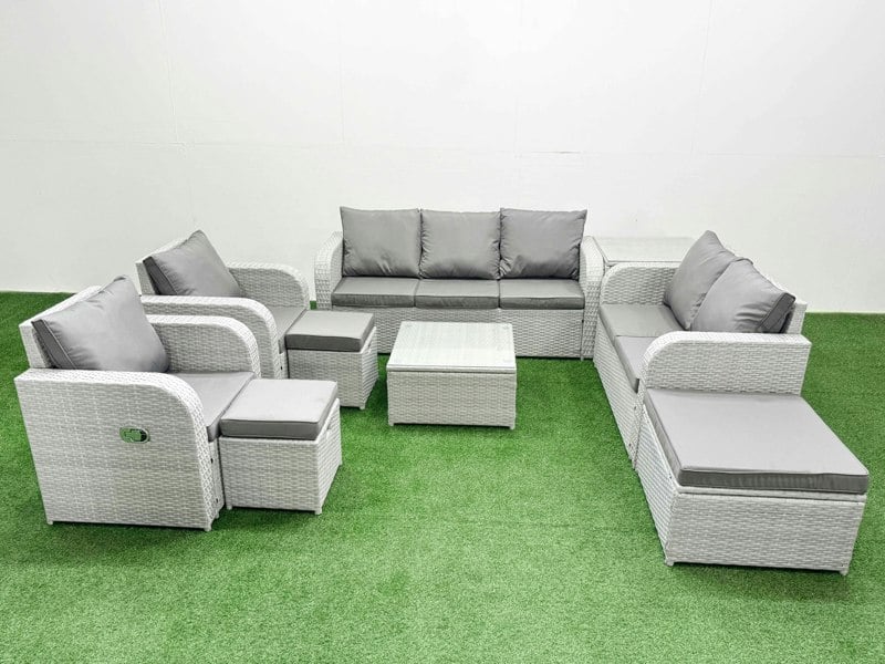 Fimous Rattan Garden Furniture Set Adjustable Chair Sofa Double Love Seat 2 Seater Sofa Square Coffee Table 3 Stools Side Table Light Grey