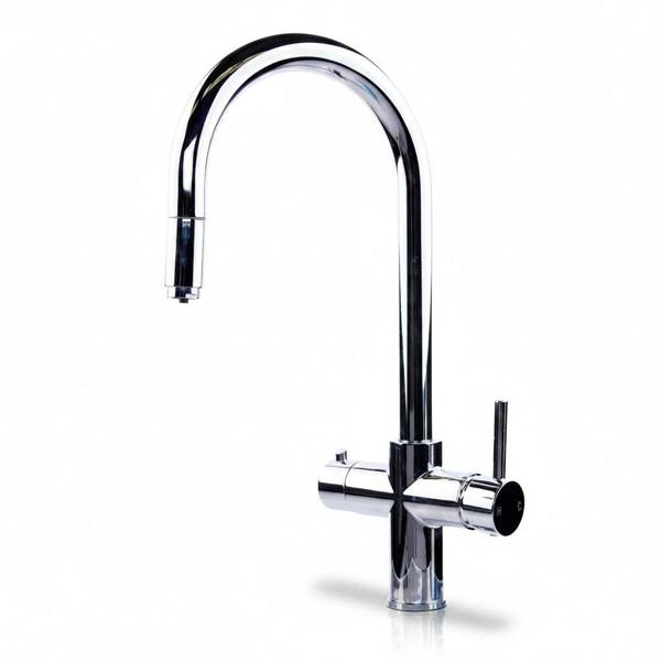 A modern round neck chrome boiling water tap on a white background