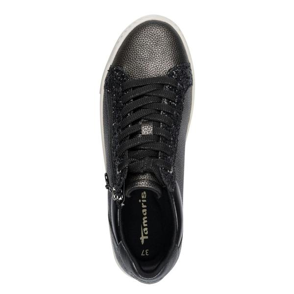 Tamaris Womens Pewter Silver Faux Leather Fashion Lace Up Sneakers