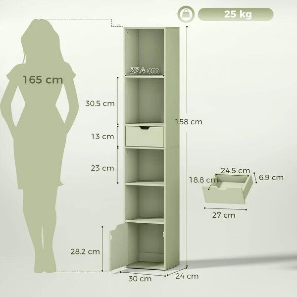 6-Tier Bookcase, Tall Narrow Bookshelf with Drawer and Door - Green