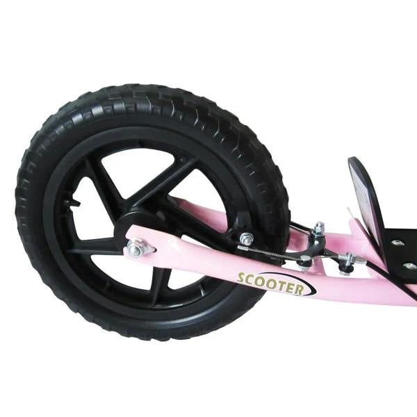 Pink scooter close-up of black rear wheel, fender, and brake components