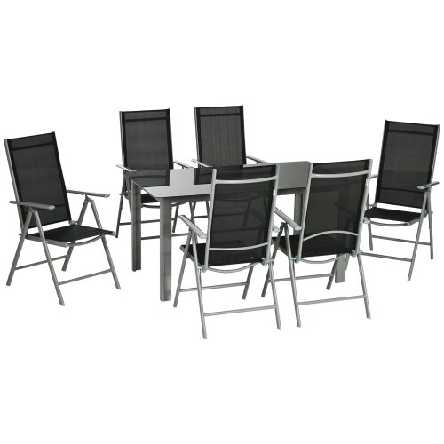 Wyld Haus Lule 6 Seater Aluminium Black Garden Dining Set With Folding Mesh Chairs And Glass Table